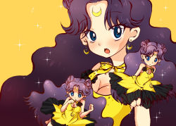 Rule 34 | 1990s (style), 1girl, barefoot, bishoujo senshi sailor moon, blue eyes, bow, breasts, chibi, chibi inset, cleavage, crescent, crescent facial mark, crescent necklace, double bun, dress, earrings, facial mark, fang, forehead mark, hair bun, hako (rippootai), jewelry, long hair, luna (sailor moon), luna (sailor moon) (human), necklace, open mouth, personification, purple hair, retro artstyle, sparkle, very long hair, yellow background, yellow bow, yellow dress