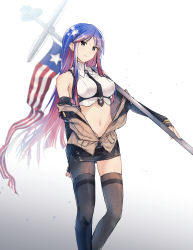 Rule 34 | 1girl, american flag, asymmetrical legwear, between breasts, black necktie, black skirt, blue hair, breasts, brown vest, closed mouth, detached sleeves, flag, gradient background, holding, kantai collection, large breasts, long hair, multicolored hair, navel, necktie, necktie between breasts, red hair, satsumi, sidelocks, simple background, single leg pantyhose, single thighhigh, skirt, solo, south dakota (kancolle), star (symbol), thighhighs, uneven legwear, vest, white hair