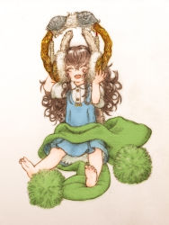 Rule 34 | 1girl, animal ears, barefoot, brown hair, child, dress, earmuffs, closed eyes, feet, feral lemma, happy, highres, open mouth, original, scarf, smile, soles, solo, toes