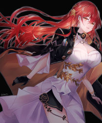 Rule 34 | 1girl, black background, black gloves, black jacket, breasts, cleavage, commentary request, cowboy shot, dress, gloves, hair between eyes, highres, himeko (honkai: star rail), jacket, jewelry, large breasts, long hair, looking at viewer, open mouth, red eyes, red hair, simple background, single glove, smile, solo, standing, tare (tonikaku magaru), twitter username, white dress