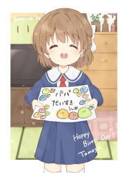 Rule 34 | 1girl, 2021, ^ ^, absurdres, blue dress, blush, bow, brown hair, child, child&#039;s drawing, clannad, closed eyes, commentary request, cowboy shot, dango daikazoku, dated, dress, facing viewer, hair bow, happy, happy birthday, highres, holding, holding drawing, holding paper, indoors, kindergarten uniform, long sleeves, necktie, okazaki ushio, open mouth, paper, red necktie, round teeth, sailor collar, sakura aki, short hair, solo, standing, straight-on, teeth, translated, upper teeth only, white bow, white sailor collar
