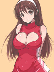 Rule 34 | 1990s (style), 1girl, arms behind back, breasts, brown eyes, brown hair, cleavage, cleavage cutout, clothing cutout, dress, future gpx cyber formula, hairband, heart, heart cutout, highres, large breasts, long hair, poin (hidsuki), retro artstyle, short dress, solo, sugou asuka