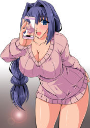 Rule 34 | 1girl, blue eyes, blush, braid, breasts, cellphone, cleavage, hair intakes, kanon, large breasts, long hair, looking at viewer, mature female, minase akiko, phone, purple hair, recursion, ribbed sweater, single braid, smile, solo, soushin souma, sweater, thighs