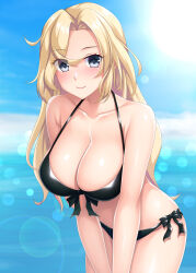 Rule 34 | 1girl, bare arms, bare legs, bare shoulders, bikini, black bikini, blonde hair, breasts, cleavage, closed mouth, collarbone, cowboy shot, front-tie bikini top, front-tie top, grey eyes, highres, hornet (kancolle), kantai collection, large breasts, long hair, looking at viewer, ruin re birth, side-tie bikini bottom, smile, solo, swimsuit
