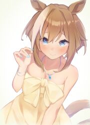 Rule 34 | 1girl, absurdres, alternate costume, animal ears, bare shoulders, beautifulinsnow, blue eyes, blush, bow, bracelet, breasts, brown hair, cheval grand (umamusume), commentary request, cowboy shot, dress, hair between eyes, highres, horse ears, horse girl, horse tail, jewelry, medium breasts, multicolored hair, necklace, simple background, smile, solo, strapless, strapless dress, streaked hair, tail, umamusume, white background, white hair, yellow bow, yellow dress