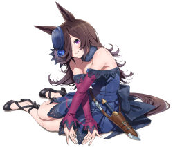 Rule 34 | 1girl, absurdres, animal ears, bare shoulders, black footwear, blue dress, blue hat, brown hair, commentary request, dagger, dress, full body, hair over one eye, hat, highres, horse ears, horse girl, knife, legs, long hair, long sleeves, looking at viewer, off-shoulder dress, off shoulder, open mouth, purple eyes, rice shower (umamusume), shinomu (cinomoon), shoes, simple background, sitting, smile, solo, tilted headwear, umamusume, weapon, white background, yokozuwari