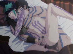 Rule 34 | 2boys, bed, character request, copyright request, green hair, izumi nekotsuki, lying, male focus, multiple boys, nude, penis, piercing, pillow, tattoo, testicles, yaoi