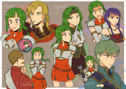 Rule 34 | 3boys, 3girls, armor, arrow (projectile), bare shoulders, blonde hair, blouse, blush, bracer, breastplate, breasts, brown hair, capelet, character name, closed eyes, dress, elbow gloves, facial hair, fingerless gloves, fire emblem, fire emblem: the sacred stones, flat chest, forde (fire emblem), gloves, green eyes, green hair, hand on own chest, hand to own mouth, headband, index finger raised, innes (fire emblem), long hair, lute (fire emblem), moulder (fire emblem), multiple boys, multiple girls, multiple views, mustache, nintendo, noshima, open mouth, ponytail, purple eyes, purple hair, quiver, robe, shirt, short hair, siblings, sidelocks, sisters, sleeveless, sleeveless dress, small breasts, sparkle, spoken character, sweatdrop, syrene (fire emblem), vanessa (fire emblem), wavy mouth, white gloves