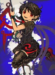 Rule 34 | 1girl, asymmetrical wings, black dress, black hair, black thighhighs, blue wings, chromatic aberration, dress, full body, highres, holding, holding polearm, holding weapon, houjuu nue, itomugi-kun, open mouth, pointy ears, polearm, red eyes, red wings, short hair, short sleeves, solo, thighhighs, touhou, trident, weapon, wings