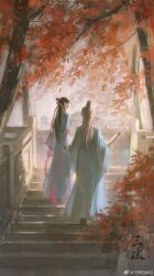 Rule 34 | 1boy, 1girl, architecture, autumn, autumn leaves, black hair, black hat, blue hanfu, bow, bridge, brown hair, chinese clothes, chinese commentary, closed eyes, code: kite, commentary request, east asian architecture, from behind, full body, guanglingwang, hair bow, hair bun, hanfu, happy, hat, highres, holding, holding hands, holding scroll, light particles, long hair, long sleeves, making-of available, open mouth, outdoors, pink bow, sanfu qwq, scroll, single hair bun, smile, stairs, tree, very long hair, village, weibo watermark, wide sleeves, yuan ji