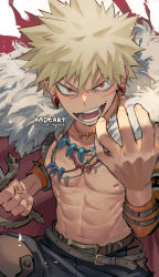 Rule 34 | 1boy, abs, artist name, bakugou katsuki, bead necklace, beads, belt, blonde hair, boku no hero academia, brown belt, cape, clenched hand, earrings, facial scar, fur trim, jewelry, kadeart, looking at viewer, male focus, multiple necklaces, necklace, nipples, open mouth, red cape, red eyes, scar, scar on cheek, scar on face, solo, spiked hair, symbol-only commentary, teeth, toned, toned male
