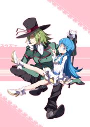 Rule 34 | 10s, 1boy, 1girl, antennae, blue eyes, blue hair, cane, head rest, dress, formal, gloves, green hair, happinesscharge precure!, hat, highres, long hair, looking at viewer, namakeruda, open mouth, precure, shirayuki hime, sitting, top hat, yuuzii