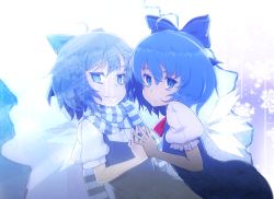 Rule 34 | 1girl, ahoge, blue eyes, blue hair, bow, cirno, different reflection, dress, hair bow, highres, ice, liking, matching hair/eyes, perfect cherry blossom, reflection, scarf, short hair, snow, solo, striped clothes, striped scarf, touhou, wings