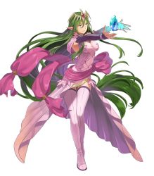 Rule 34 | 1girl, boots, breasts, closed mouth, detached sleeves, dragon girl, dress, female focus, fire emblem, fire emblem: mystery of the emblem, fire emblem heroes, floating, floating object, full body, green eyes, green hair, hair ornament, highres, jewelry, long hair, low twintails, medium breasts, nagi (fire emblem), nintendo, non-web source, official art, okaya mrh, pink dress, pointy ears, smile, solo, stone, thigh boots, thighhighs, tiara, transparent background, twintails, very long hair