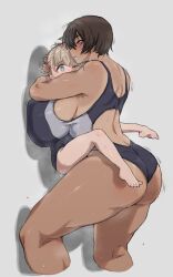 Rule 34 | 2girls, black hair, blonde hair, blue eyes, breasts, brown hair, carrying, carrying person, dark-skinned female, dark skin, height difference, highres, huge breasts, kei (m k), large breasts, lifting person, long hair, m k, multiple girls, original, red eyes, rika (m k), school swimsuit, short hair, simple background, standing, sweat, swimsuit, tall, tall female, taller female, tan, tomboy, wife and wife, yuri