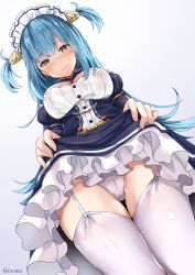 Rule 34 | 1girl, artist name, azur lane, blue hair, blush, breasts, clothes lift, commentary, dutch angle, from below, garter straps, hair ornament, highres, kaetzchen, lifting own clothes, long hair, looking at viewer, maid headdress, medium breasts, neptune (azur lane), nose blush, panties, see-through, signature, simple background, skirt, skirt lift, solo, sweat, thighhighs, two side up, underwear, white background, white thighhighs, yellow eyes