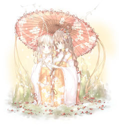 Rule 34 | 2girls, bad id, bad pixiv id, blonde hair, bow, braid, branch, brown eyes, brown hair, detached sleeves, floral print, flower, hair bow, hair flower, hair ornament, hair tubes, height difference, holding hands, japanese clothes, kuma (happylocation), long hair, long sleeves, looking at viewer, miko, multiple girls, oil-paper umbrella, open mouth, original, purple eyes, shared umbrella, sidelocks, simple background, umbrella, yuri