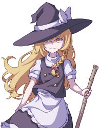 Rule 34 | 1girl, absurdres, apron, bamboo broom, black skirt, black vest, blonde hair, bow, braid, broom, buttons, closed mouth, cowboy shot, eyebrows hidden by hair, hair between eyes, hair bow, hair ribbon, hat, hat bow, highres, holding, holding broom, kame (kamepan44231), kirisame marisa, long hair, looking at viewer, one-hour drawing challenge, pink bow, puffy short sleeves, puffy sleeves, ribbon, shirt, short sleeves, side braid, simple background, single braid, skirt, smile, solo, standing, touhou, tress ribbon, very long hair, vest, white apron, white background, white bow, white shirt, yellow eyes