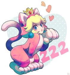 Rule 34 | 1girl, blonde hair, blue eyes, cat peach, co co mg, crown, earrings, heart, looking at viewer, mario (series), nintendo, open mouth, princess peach, simple background, sphere earrings, super bell (transformation), super mario 3d world
