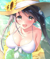 Rule 34 | 1girl, :d, ball, bare shoulders, beachball, bikini, black hair, blush, breasts, brown eyes, cleavage, collarbone, day, flower, front-tie bikini top, front-tie top, hair bobbles, hair ornament, halterneck, halterneck, hat, hat flower, hat ribbon, jacket, large breasts, long hair, looking at viewer, masuishi kinoto, off shoulder, open clothes, open jacket, open mouth, original, ribbon, smile, solo, sun hat, sunflower, sunlight, swimsuit, transparent, twintails, wet, white bikini, yellow jacket