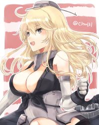 Rule 34 | + +, 10s, 1girl, bare shoulders, blonde hair, blue eyes, breasts, cleavage, elbow gloves, gloves, headgear, highres, iowa (kancolle), kakerayuri, kantai collection, large breasts, long hair, midriff, navel, open mouth, smile, solo, star-shaped pupils, star (symbol), symbol-shaped pupils, twitter username, upper body