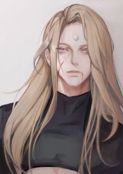 Rule 34 | 1boy, bad id, bad twitter id, bishounen, black shirt, blonde hair, blood, blood on face, crop top, final fantasy, final fantasy xiv, forehead jewel, grey background, intointt, long hair, looking to the side, male focus, messy hair, parted bangs, portrait, shirt, solo, turtleneck, upper body, zenos yae galvus
