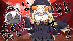 Rule 34 | 1boy, 1girl, :3, abigail williams (fate), arjuna (fate), arjuna alter (fate), black bow, black dress, black headwear, blonde hair, blue eyes, bow, bug, butterfly, closed eyes, closed mouth, colored skin, commentary request, crossed bandaids, dress, fate/grand order, fate (series), grey skin, hair between eyes, hair bow, hat, highres, insect, long hair, long sleeves, multiple hair bows, neon-tetora, orange bow, parted bangs, parted lips, pointing, sleeves past fingers, sleeves past wrists, solo focus, square mouth, sweat, trembling, very long hair, white hair