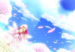 Rule 34 | 1girl, blonde hair, bloom, bow, cherry blossoms, cloud, day, dress, dutch angle, closed eyes, fairy wings, female focus, flower, hat, light rays, lily white, natsumikan, open mouth, outstretched arms, petals, sky, smile, solo, spread arms, spring (season), sunbeam, sunlight, touhou, wings