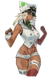 Rule 34 | 1girl, armpits, bandaged arm, bandaged leg, bandages, blouse, breasts, clover, dark-skinned female, dark skin, fingerless gloves, four-leaf clover, gloves, guilty gear, guilty gear strive, hat, highres, medium breasts, medium hair, micro shorts, midriff, open fly, peaked cap, platinum blonde hair, ramlethal valentine, shirt, shorts, sleeveless, sleeveless shirt, solo, stomach, thigh strap, thighs, toned, uncle rabbit ii, vest, white background, yellow eyes