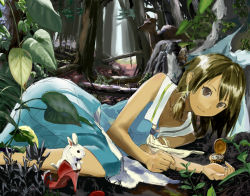 Rule 34 | alice (alice in wonderland), alice in wonderland, bad id, bad pixiv id, bow, brown eyes, brown hair, deer, dress, forest, hair bow, lying, nature, on side, pocket watch, shoes, short hair, shuku, smile, solo, watch, white rabbit (alice in wonderland)