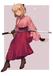 Rule 34 | 1girl, absurdres, ahoge, black bow, blonde hair, border, bow, brown footwear, cherry blossoms, fate (series), grey background, hair between eyes, hair bow, hakama, highres, holding, holding sword, holding weapon, japanese clothes, katana, kimono, koha-ace, long sleeves, okita souji (fate), okita souji (koha-ace), outside border, parted lips, pink kimono, red hakama, short hair, short ponytail, solo, sword, usamimikurage, weapon, white border, yellow eyes