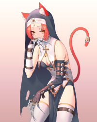Rule 34 | 1girl, absurdres, animal ear fluff, animal ears, arm belt, asymmetrical gloves, bare shoulders, belt, belt buckle, black belt, black gloves, black veil, breast curtains, breasts, brown belt, buckle, cat ears, cat girl, cat tail, claw (weapon), cleavage, commentary request, corset, cowboy shot, cross, elbow gloves, eyes visible through hair, facial tattoo, forehead tattoo, gloves, gradient background, half-closed eyes, hand on own face, hand up, highres, moon (restire), nun, original, parted lips, pelvic curtain, pink background, pink hair, pink tail, raised eyebrows, short hair, simple background, single elbow glove, slouching, small breasts, smile, solo, standing, tail, tail ornament, tail raised, tail ring, tattoo, teeth, thigh belt, thigh strap, thighhighs, thighs, torn clothes, torn veil, two-tone background, uneven gloves, upper teeth only, veil, weapon, white background, white corset, white gloves, white thighhighs, wrist belt, yellow eyes
