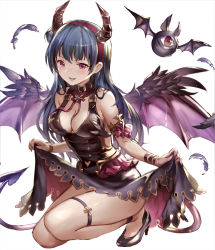 Rule 34 | 10s, 1girl, 77gl, bat wings, blue hair, breasts, cleavage, demon horns, demon tail, feathers, hair bun, high heels, horns, legs, long hair, looking at viewer, love live!, love live! school idol festival, love live! sunshine!!, one-eyed, open mouth, purple eyes, simple background, single hair bun, skirt, skirt hold, smile, solo, tail, tsushima yoshiko, white background, wings