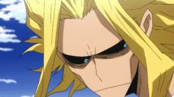 Rule 34 | 10s, 1boy, all might, animated, animated gif, artist request, black sclera, blonde hair, blue eyes, blue sky, boku no hero academia, closed mouth, cloud, colored sclera, determined, head only, head turn, looking ahead, looking back, looking to the side, lowres, male focus, open mouth, outdoors, parted lips, serious, sky, solo, subtitled, superhero costume, talking, teeth, turning head, yagi toshinori