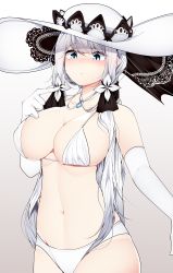 Rule 34 | 1girl, absurdres, azur lane, bikini, blue eyes, blush, breasts, cleavage, cowboy shot, elbow gloves, gloves, hat, highres, illustrious (azur lane), jewelry, lace-trimmed headwear, lace trim, large breasts, long hair, necklace, samip, solo, standing, sun hat, swimsuit, underwear, white bikini, white gloves, white hair, white hat