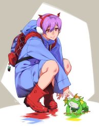 Rule 34 | 1girl, animalization, aulbath, backpack, bag, boots, character charm, character doll, charm (object), commentary, earmuffs, english commentary, feguimel, frog, hood, hood down, light purple hair, lilith aensland, morrigan aensland, raincoat, red eyes, rubber boots, short hair, smile, squatting, vampire (game)