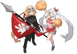 Rule 34 | 2girls, black pants, black shirt, blonde hair, blue eyes, buttons, cheering, cheerleader, crab on head, crop top, fate/grand order, fate (series), flag, from above, headpiece, highres, holding, holding flag, holding pom poms, jeanne d&#039;arc (fate), long braid, long sleeves, marie antoinette (fate), miniskirt, multiple girls, no-kan, pants, pleated skirt, pom pom (cheerleading), pom poms, red shirt, red skirt, school uniform, shirt, shoes, sidelocks, skirt, sneakers, socks, standard bearer, standing, twintails, white background, white hair, white socks