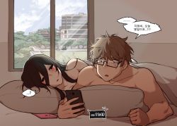 Rule 34 | ..., ...?, 1boy, 1girl, bad id, bad pixiv id, bed, black eyes, black hair, blush, brown eyes, brown hair, cellphone, comic, commentary, couple, day, glasses, hair between eyes, indoors, korean text, long hair, looking at another, lying, mimyo, on side, on stomach, open mouth, original, phone, pillow, smartphone, speech bubble, spoken ellipsis, sweat, translated, under covers, waking up, worried