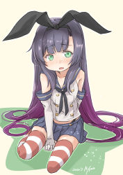 Rule 34 | 1girl, beige background, black hair, black hairband, black neckerchief, black panties, blue sailor collar, blue skirt, cosplay, crop top, elbow gloves, embarrassed, fyuo, gloves, gradient hair, green eyes, hairband, highleg, highleg panties, highres, kantai collection, long hair, looking at viewer, matsuwa (kancolle), microskirt, miniskirt, multicolored hair, neckerchief, panties, pleated skirt, purple hair, sailor collar, shimakaze (kancolle), shimakaze (kancolle) (cosplay), sitting, skirt, solo, star (symbol), striped clothes, striped thighhighs, thighhighs, underwear, white gloves, yokozuwari