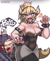Rule 34 | 1boy, 1girl, absurdres, armlet, bare shoulders, black collar, black dress, blonde hair, blue eyes, bowsette, bracelet, breath weapon, breathing fire, collar, collarbone, covered navel, cowboy shot, dress, earrings, fire, hair between eyes, highres, horns, jewelry, long hair, looking at viewer, mario (series), new super mario bros. u deluxe, nintendo, open mouth, pointy ears, sagas293, sharp teeth, spiked armlet, spiked bracelet, spiked collar, spiked shell, spiked tail, spikes, strapless, strapless dress, super crown, super mario bros. (1993 film), super mario bros. (film), tail, teeth, tongue, tongue out, turtle shell