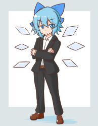 Rule 34 | 1girl, alternate costume, belt, black jacket, black pants, blue bow, blue eyes, border, bow, brown footwear, cirno, closed mouth, collared shirt, commentary request, commission, formal, full body, grey border, hair bow, jacket, looking at viewer, mizusoba, pants, shirt, skeb commission, solo, standing, touhou, white background, white shirt