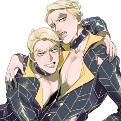Rule 34 | 2boys, arm over shoulder, blonde hair, blue eyes, choker, clone, formal, hanrushi, jojo no kimyou na bouken, long sleeves, looking at viewer, male focus, multiple boys, open clothes, open shirt, pectoral cleavage, pectorals, prosciutto, suit, teeth, vento aureo, white background