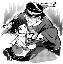 Rule 34 | 10s, 1boy, 1girl, age difference, ainu clothes, asirpa, cape, earrings, fur cape, golden kamui, golden kamuy, greyscale, hat, hoop earrings, ichiji (loce and peave), japanese clothes, jewelry, long hair, manly, military hat, monochrome, scar, scar on face, scar on mouth, scarf, sugimoto saichi, weapon