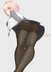 Rule 34 | 1girl, :o, arms behind back, ass, back, black-framed eyewear, black dress, black pantyhose, blue background, blush, dress, fate/grand order, fate (series), foreshortening, from behind, from below, glasses, grey background, hair between eyes, highres, jacket, leaning forward, legs, legs together, long sleeves, looking at viewer, looking back, looking down, mash kyrielight, open clothes, open jacket, open mouth, panties, panties under pantyhose, pantyhose, pantyshot, pink hair, profile, purple eyes, purple hair, short dress, short hair, simple background, solo, standing, thighband pantyhose, thighs, throtem, track jacket, tsurime, underwear, upskirt, white jacket, wide hips