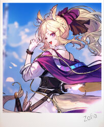 Rule 34 | 1girl, ;d, animal ear fluff, animal ears, arknights, bare shoulders, blonde hair, blurry, blurry background, bow, cape, commentary, cowboy shot, day, dress, from behind, gloves, hair bow, hand on own hip, hand up, long hair, looking at viewer, one eye closed, open mouth, pink pupils, purple bow, purple cape, purple eyes, ribbed dress, ryuuzaki ichi, sleeves past elbows, smile, solo, standing, tail, turning head, underbust, w, whislash (arknights), white dress, white gloves, wind, yellow tail