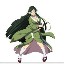 Rule 34 | 10s, 1girl, black hair, breasts, cleavage, full body, green eyes, highres, holding, holding sword, holding weapon, japanese clothes, katana, kimono, large breasts, long hair, obi, official art, platform clogs, pointy ears, resized, sakuya (sao), sandals, sash, simple background, solo, sword, sword art online, sword art online: code register, tabi, upscaled, very long hair, weapon, white background, yukata