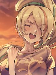 Rule 34 | 10s, blonde hair, clenched hand, crying, fist pump, long hair, moekki (oekkimm), multicolored hair, nikaidou saki, open mouth, shirt, snot, solo, streaked hair, t-shirt, zombie land saga