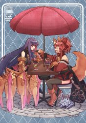 Rule 34 | 021 shiro, 2girls, absurdres, animal ear fluff, animal ears, animal hands, bell, breasts, cat paws, cherry, claw (weapon), claws, closed eyes, collar, eating, fang, fate/grand order, fate (series), feeding, food, fou (fate), fox ears, fox girl, fox tail, fruit, gloves, hair ribbon, highres, holding, holding spoon, huge filesize, ice cream, incoming food, jingle bell, large breasts, multiple girls, neck bell, o-ring, o-ring top, open mouth, orange (fruit), parfait, passionlip (fate), paw gloves, paw shoes, pink eyes, pink hair, pink ribbon, pocky, purple hair, ribbon, riyo (lyomsnpmp) (style), shoes, spoon, strawberry, sundae, tail, tamamo (fate), tamamo cat (fate), tamamo cat (first ascension) (fate), weapon