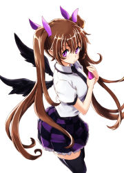 Rule 34 | 1girl, bird wings, black thighhighs, black wings, bow, brown hair, cellphone, checkered clothes, checkered skirt, hair bow, hair ornament, himekaidou hatate, lefthand, long hair, looking at viewer, necktie, no headwear, phone, pointy ears, puffy sleeves, purple eyes, shirt, short sleeves, simple background, skirt, solo, thighhighs, touhou, twintails, very long hair, white background, wings, zettai ryouiki