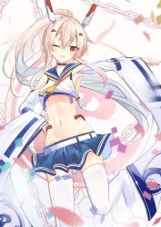 Rule 34 | 1girl, ;d, absurdres, ascot, ayanami (azur lane), azur lane, bare shoulders, belt, belt buckle, blue belt, blue sailor collar, blue skirt, blush, breasts, brown background, buckle, chain, chromatic aberration, commentary request, crop top, detached sleeves, groin, hair between eyes, hair ornament, hairclip, headgear, high ponytail, highres, light brown hair, long hair, long sleeves, midriff, motion blur, navel, no shoes, odeclea, one eye closed, open mouth, outstretched arm, pleated skirt, ponytail, red eyes, remodel (azur lane), sailor collar, shirt, skirt, sleeveless, sleeveless shirt, small breasts, smile, solo, standing, standing on one leg, thighhighs, very long hair, white belt, white shirt, white thighhighs, wide sleeves, yellow ascot